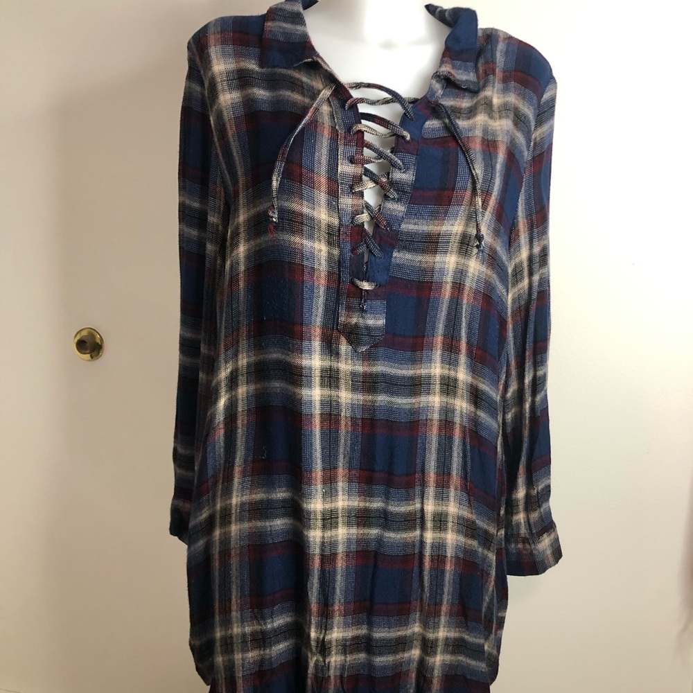 Vintage Havana Navy and Burgundy Plaid Shirt dress